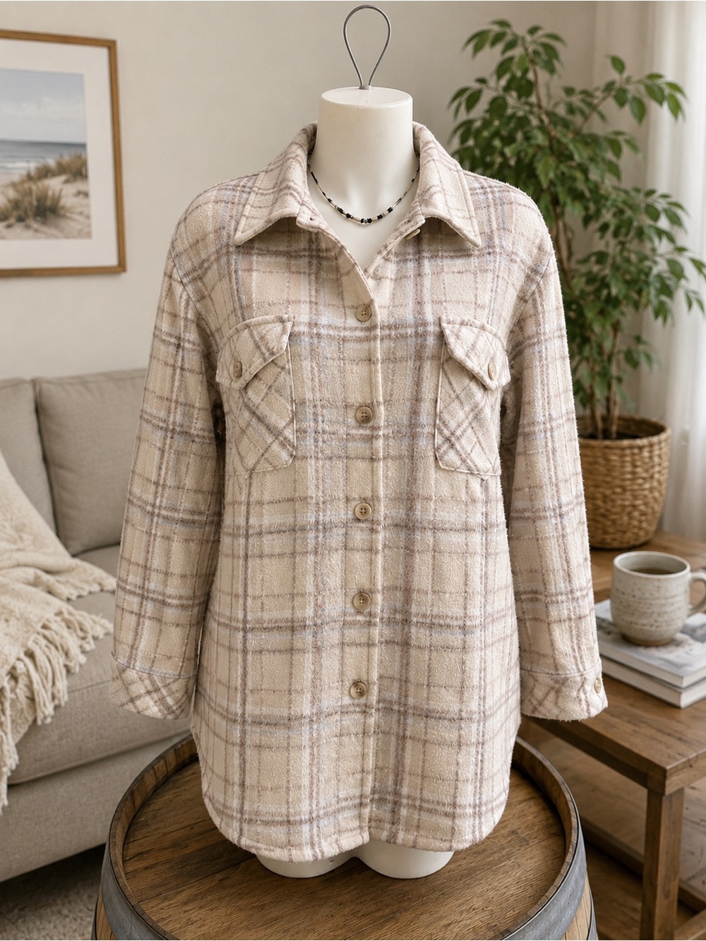 Gentle Fawn Beige Plaid Button-Front Shacket